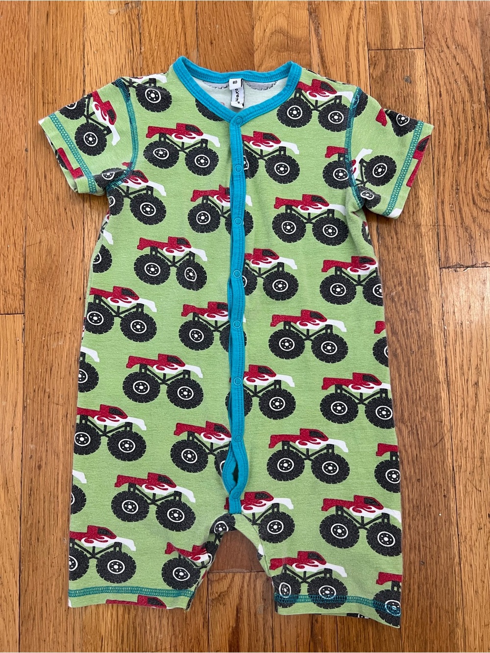 Maxomorra 9-12mo Green Monster Truck Short Romper with Blue Trim